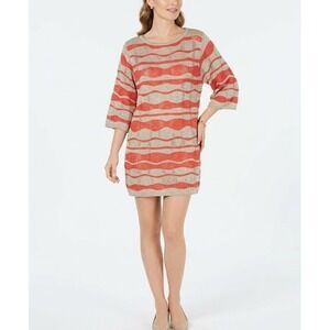 New Vertigo Red/Oatmeal Open Knit Relaxed 3/4‎ Sleeve Long Tunic Sweater XL